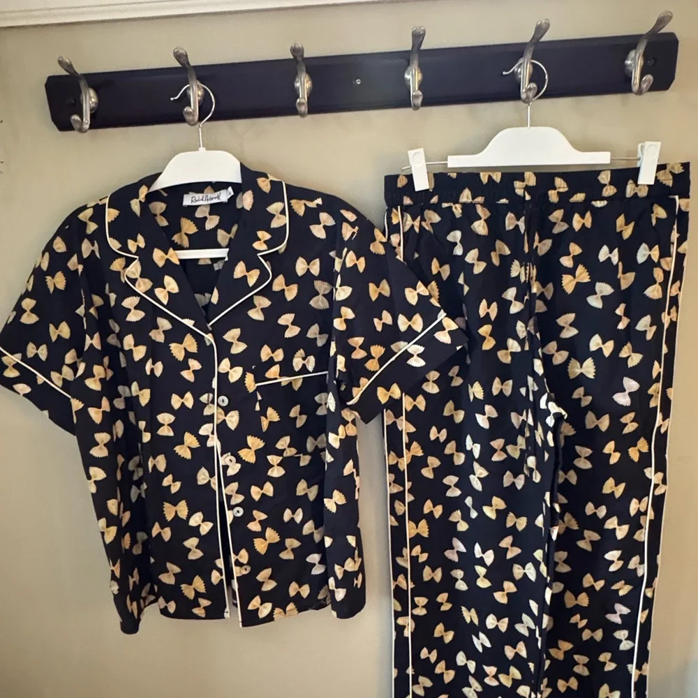 Rachel Antonoff Black Pajama Top with Gold Bow Pasta Print